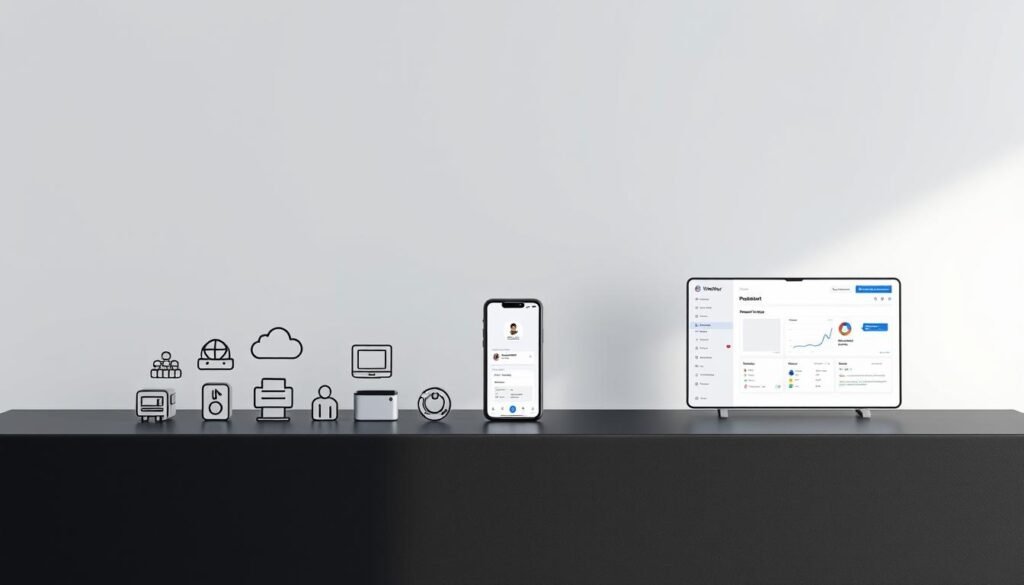 A sleek, minimalist digital product stack displayed on a matte black surface, illuminated by a soft, directional light source. The foreground features a collection of abstract icons representing key components like cloud storage, analytics tools, payment gateways, and user management systems. The middle ground showcases clean, modern UI designs for a mobile app and web dashboard. In the background, a subtle grid pattern suggests the interconnected nature of the digital ecosystem. The overall composition conveys a sense of efficiency, integration, and the seamless flow of information across a well-designed product stack.