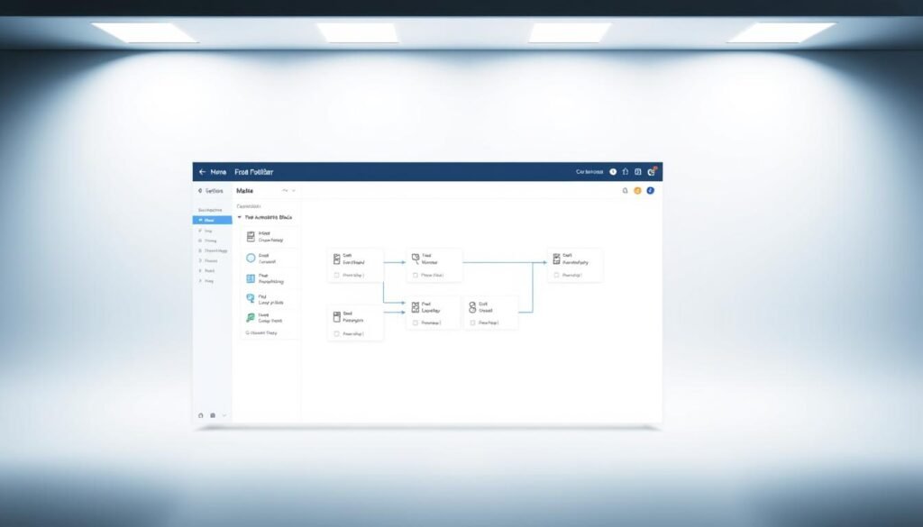 A sleek, minimalist interface of the Make.com platform, showcasing its intuitive dashboard and visual workflow builder. The foreground features a large, clean-lined window displaying a series of customizable automation blocks, each with distinct icons and labels. The middle ground highlights the side panel with an array of tool options and settings. The background subtly fades into a soft, gradient-based color scheme, creating a sense of depth and focus on the core functionality. Bright, even lighting illuminates the scene, emphasizing the modern, user-friendly aesthetic of the Make.com experience.