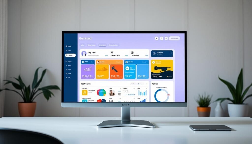 A sleek, modern Gumroad user interface displayed on a high-resolution monitor, showcasing a clean and intuitive layout. The dashboard features vibrant tiles highlighting key metrics, sales data, and product management tools. Soft, diffused lighting illuminates the screen, creating a professional and inviting atmosphere. The interface is navigated seamlessly with a responsive mouse cursor, emphasizing the user-friendly experience. In the background, a minimalist workspace with a desk, chair, and subtle plant decor sets the scene, evoking a productive and creative environment for digital entrepreneurs.