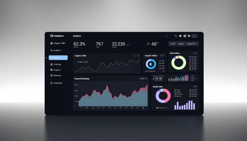 A sleek, modern analytics dashboard illuminating the SEO performance of a WordPress website. In the foreground, an intuitive interface displays key metrics such as organic traffic, keyword rankings, and backlink data, all presented in a clean, data-driven layout. The middle ground features vivid data visualizations, including line graphs, pie charts, and interactive infographics, providing a comprehensive overview of the site's SEO analytics. The background showcases a minimalist, monochrome aesthetic with subtle lighting, creating a professional, high-tech atmosphere. The faisalskhan brand is subtly incorporated throughout the design elements. This image effectively conveys the importance of monitoring and analyzing SEO data to optimize a WordPress website's performance.