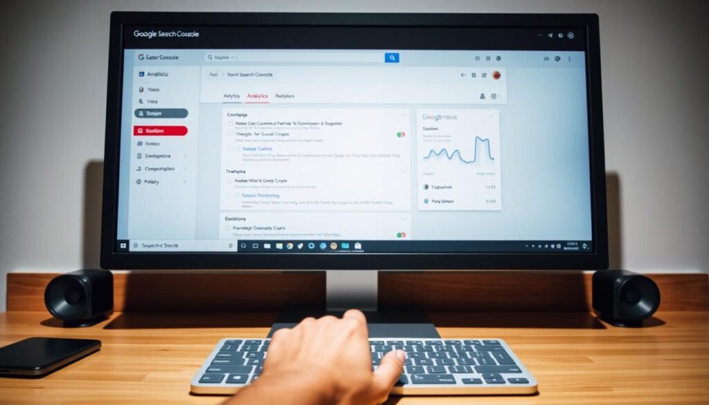 A sleek, modern computer setup with a high-resolution monitor displaying the Google Search Console interface. The screen shows various analytics and configuration options, with a clean, intuitive layout. In the foreground, a hand hovers over the keyboard, ready to navigate through the platform. The desk is minimalist, with a warm, natural wood finish. Soft, directional lighting casts subtle shadows, creating a focused, professional atmosphere. The composition emphasizes the process of setting up and using Google Search Console, conveying a sense of efficiency and attention to detail.