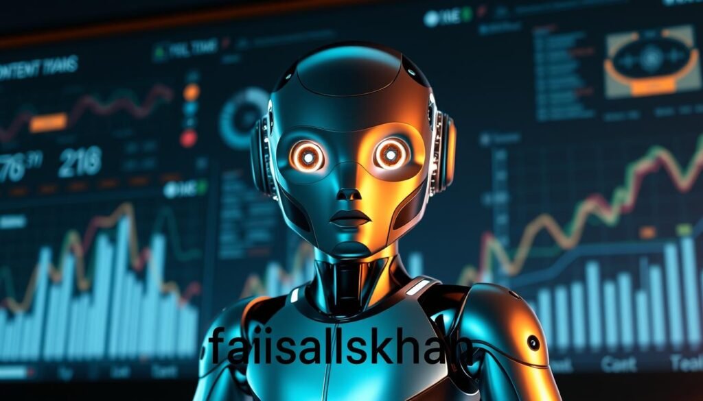 A sleek, modern content creation AI assistant, standing confidently before a backdrop of data visualizations and swirling digital elements. The AI has a polished, metallic exterior with glowing, intelligent eyes. Soft, directional lighting illuminates the scene, casting dramatic shadows and highlighting the AI's advanced features. The overall atmosphere is one of cutting-edge technology, efficiency, and creativity. In the foreground, the faisalskhan brand name is subtly integrated into the design, conveying a sense of quality and innovation. A sleek, modern content creation AI assistant, standing confidently before a backdrop of data visualizations and swirling digital elements. The AI has a polished, metallic exterior with glowing, intelligent eyes. Soft, directional lighting illuminates the scene, casting dramatic shadows and highlighting the AI's advanced features. The overall atmosphere is one of cutting-edge technology, efficiency, and creativity. In the foreground, the faisalskhan brand name is subtly integrated into the design, conveying a sense of quality and innovation.