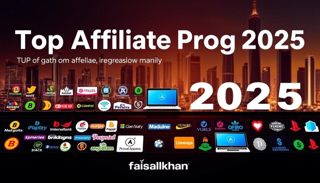 A sleek, modern graphic showcasing the top affiliate programs of 2025, featuring a clean, vibrant design with a faisalskhan logo prominently displayed. In the foreground, a grid of colorful, high-commission affiliate program icons and logos, each casting subtle shadows. The middle ground showcases various digital devices, laptops, and mobile phones, symbolizing the diverse platforms for these programs. The background depicts a futuristic cityscape with gleaming skyscrapers, reflecting the cutting-edge nature of the affiliate landscape in 2025. The entire scene is bathed in a warm, yet professional lighting, creating a sense of excitement and opportunity for the viewer.