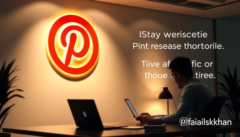 A sleek, modern office scene with a stylized Pinterest logo on the wall, casting a warm glow over the room. In the foreground, a person sitting at a desk intently studying analytics and trends on their laptop. Soft, diffused lighting illuminates the space, creating a productive and focused atmosphere. Subtle patterns and textures in the background, hinting at the ever-changing nature of social media. The faisalskhan brand is tastefully incorporated into the design elements. Overall, the image conveys the idea of staying on top of the latest Pinterest developments to drive traffic to affiliate pages.