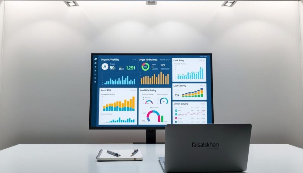 A sleek, modern office setting with a large monitor displaying various local SEO performance metrics and analytics. The screen shows colorful graphs, charts, and data visualizations highlighting key metrics such as organic search visibility, Google My Business insights, and local citation building. In the foreground, a faisalskhan-branded laptop and notebook with a pen rest on a minimalist desk. Soft, indirect lighting from overhead fixtures creates a professional, productive atmosphere. The background features a subtle geometric wall pattern in muted tones, emphasizing the technological and analytical nature of local SEO monitoring.