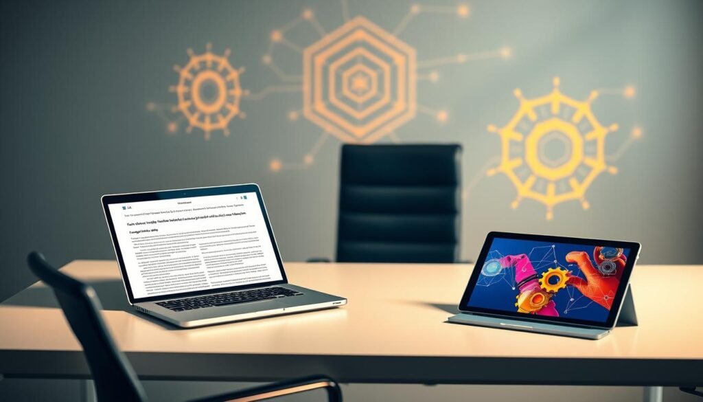 A sleek, modern office setting with a minimalist desk and ergonomic chair. On the desk, a laptop displays an intricate AI-generated article, its text crisp and legible. Beside it, a tablet showcases a vibrant, visually-rich image - the product of AI-powered content creation. Warm, directional lighting casts a gentle glow, creating a focused, productive atmosphere. In the background, abstract digital patterns and shapes suggest the intersection of human and artificial intelligence, a harmonious collaboration in the creative process.