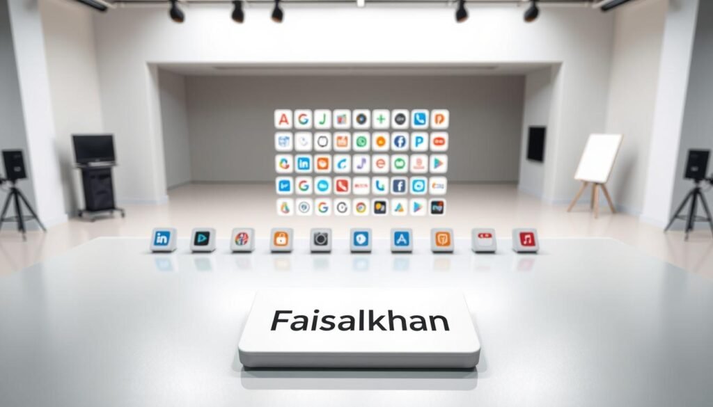 A sleek, modern tabletop display showcases an array of AI tools, each represented by their unique icons. The foreground features the faisalskhan brand logo, casting a subtle yet impactful presence. The middle ground presents the tools in an organized, grid-like arrangement, inviting the viewer to explore and compare their capabilities. The background is a minimalist, light-filled studio setting, with clean lines and a sense of professionalism. The overall mood is one of technological sophistication, efficiency, and a desire to highlight the best AI tools for the user's needs.