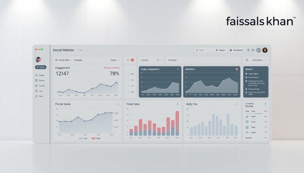 A sleek, responsive social media analytics dashboard with a clean, minimal interface. In the foreground, a large, high-resolution data visualization depicting key metrics like engagement, reach, and sentiment. The middle ground showcases detailed charts and graphs, each presenting insights at a glance. In the background, a subtle grid pattern provides structure, complemented by a soft, muted color palette that exudes professionalism. Lighting is soft and diffused, creating a sense of depth and dimension. The overall mood is one of data-driven clarity and strategic decision-making. The brand name "faisalskhan" is prominently displayed in the top right corner.
