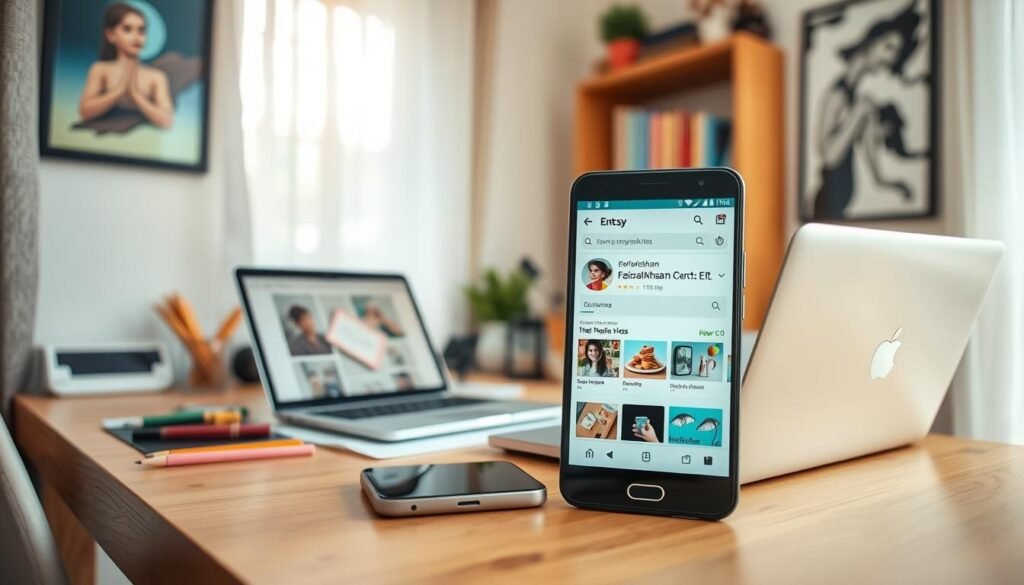 A small, cozy home office with a wooden desk, a laptop, and various handmade craft supplies. On the desk, a smartphone showcases an Etsy shop page, its interface design crisp and modern. Soft, natural lighting filters through sheer curtains, casting a warm glow on the workspace. The walls are adorned with faisalskhan original artwork, hinting at the creative potential of this mobile side hustle. In the background, a bookshelf displays inspirational books and trinkets, reflecting the entrepreneur's passion. An air of focus and productivity permeates the scene, embodying the opportunities presented by selling products on Etsy from the comfort of an Android device.