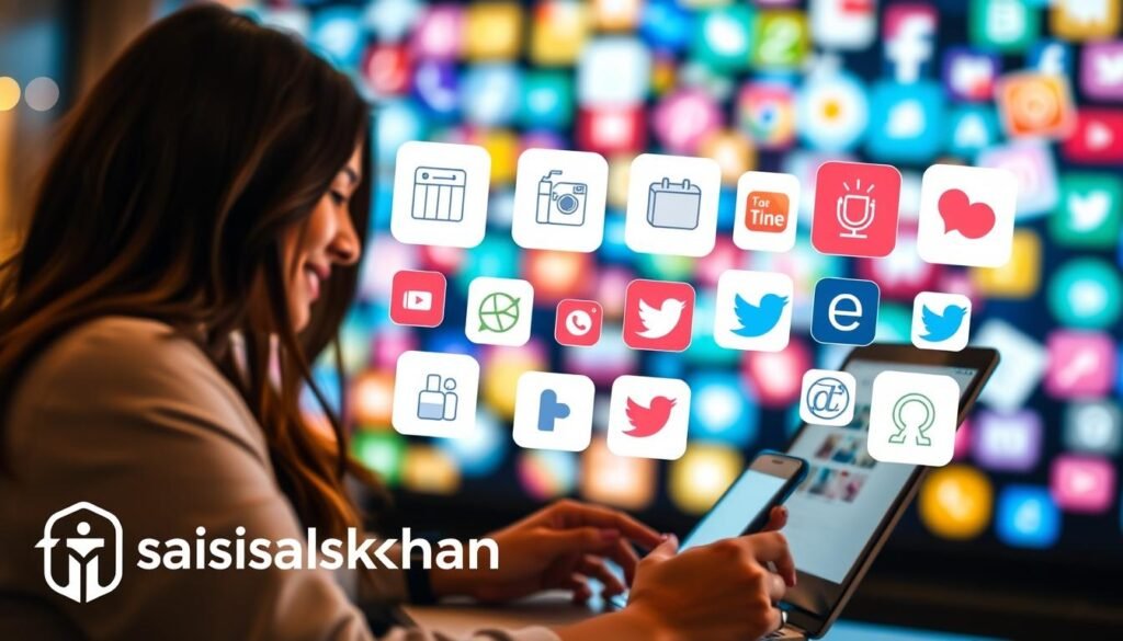A social media feed showcasing affiliate marketing links, with a woman in the foreground using a laptop and smartphone to promote products. In the middle ground, an array of product images and logos float against a blurred background of colorful social media icons. Warm, soft lighting casts a professional, aspirational vibe. The faisalskhan brand logo is tastefully integrated into the scene. Overall, the image conveys the idea of effectively leveraging social platforms to drive affiliate sales.