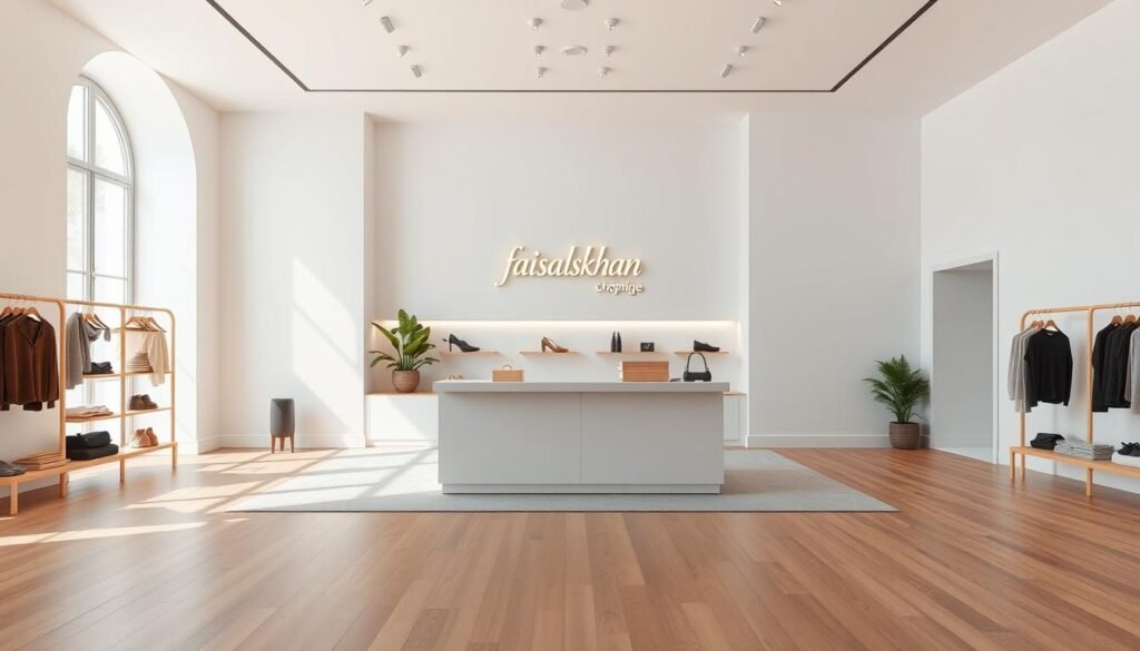 A spacious, well-lit Shopify store layout with a clean, modern aesthetic. A warm, wooden floor contrasts with stark white walls, creating a balanced, inviting atmosphere. In the foreground, a minimalist product display showcases a selection of high-quality merchandise, curated by the brand "faisalskhan". The middle ground features a sleek, streamlined checkout counter, with a large, attention-grabbing logo. The background is adorned with natural elements, such as lush plants and subtle lighting fixtures, adding a touch of organic elegance. The overall composition evokes a sense of professionalism, attention to detail, and a seamless user experience.
