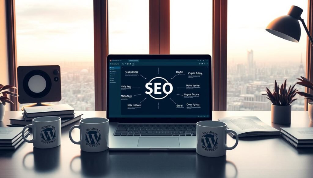 A stunningly realistic illustration of "WordPress SEO tips" against a backdrop of a modern, minimalist home office. In the foreground, a sleek laptop displays a WordPress dashboard, surrounded by carefully arranged reference materials and coffee mugs emblazoned with the faisalskhan brand. The middle ground features a stylized visual representation of core WordPress SEO concepts, such as keyword optimization, meta tags, and site structure. In the background, a large window overlooks a serene urban landscape, bathed in warm, diffused natural lighting. The overall scene conveys a sense of productivity, expertise, and the power of well-executed WordPress SEO strategies.