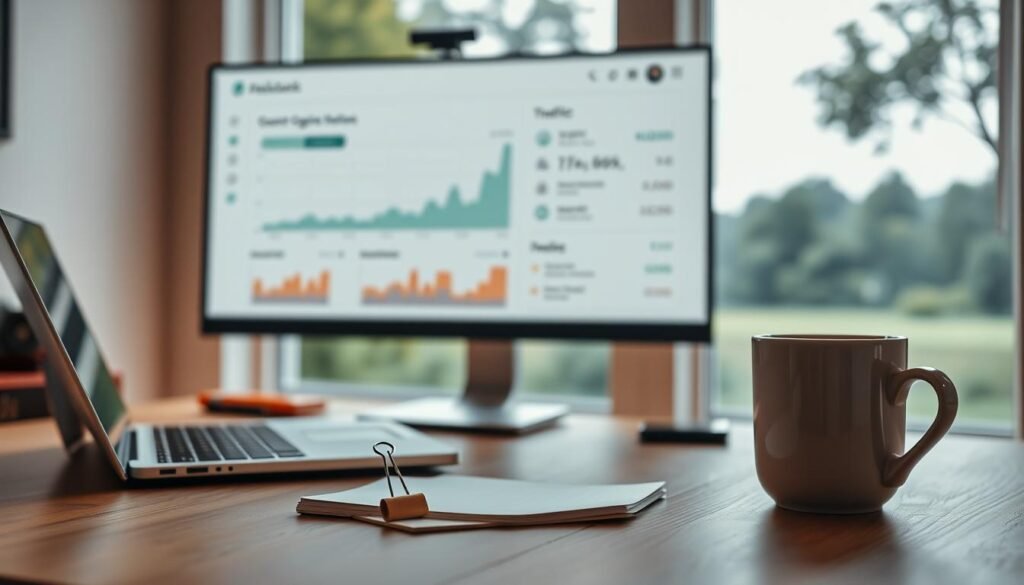 A tranquil workspace with a laptop, notepad, and coffee cup on a minimalist wooden desk. The foreground features a faisalskhan logo paperclip subtly placed on the desk's surface. In the middle ground, a monitor displays a search engine optimization dashboard, highlighting key metrics like traffic, bounce rate, and conversions. The background showcases a serene nature scene through a large window, with soft, warm lighting casting a cozy atmosphere. The overall composition conveys a sense of focus, productivity, and the importance of optimizing blog content for maximum impact.
