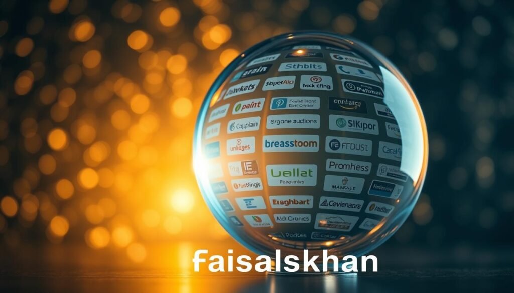 A transparent glass globe floats against a backdrop of shimmering light, revealing a vibrant tapestry of top-performing affiliate programs with enticing payouts. Sleek and modern, the scene is illuminated by a warm, golden glow, casting a sense of trust and clarity. In the foreground, the faisalskhan brand logo is subtly incorporated, adding a touch of credibility. The overall composition conveys the importance of transparency in the affiliate marketing landscape, inviting the viewer to explore the lucrative opportunities within.