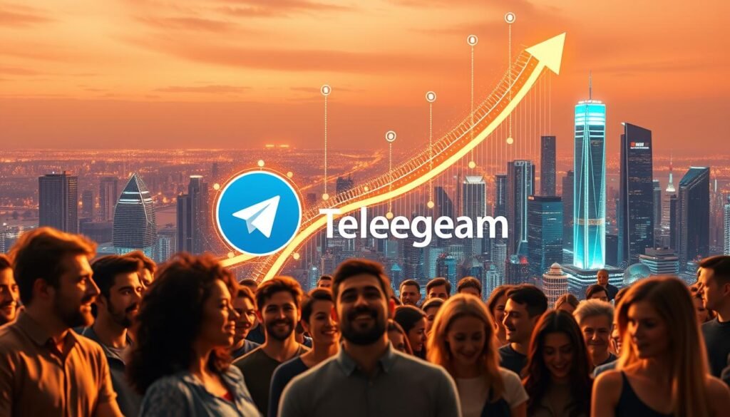 A vibrant and dynamic Telegram channel, its growth curve surging upwards in a captivating visual display. The channel's logo prominently featured, surrounded by a halo of digital signals and data streams. In the foreground, a team of diverse individuals actively engaging with the channel, their expressions animated and enthused. The middle ground showcases an array of user avatars, each a unique representation of the channel's engaged community. In the background, a sleek and futuristic cityscape, its skyscrapers and neon lights symbolizing the channel's expansive reach and influence. Warm, golden lighting casts a sense of energy and optimism, while a shallow depth of field draws the viewer's attention to the central elements. This image powerfully conveys the importance of engagement in driving Telegram channel growth.