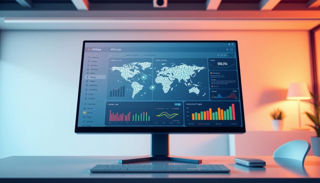 A vibrant and dynamic illustration of an affiliate marketing strategy, captured in a high-resolution, photorealistic style. In the foreground, a desktop computer displays a detailed dashboard, showcasing key performance metrics, affiliate links, and commission tracking. The middle ground features a stylized world map, with pulsing nodes representing global affiliate partnerships. In the background, a serene and minimalist office space, with clean lines, warm lighting, and a sense of focus and productivity. The overall mood is one of precision, technology, and a strategic approach to building a successful affiliate marketing program.