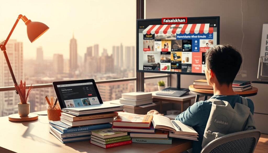 A vibrant and dynamic scene depicting alternative revenue streams for bloggers. In the foreground, a creative blogger sits at a desk surrounded by various income-generating elements - an open laptop showcasing online courses, a stack of self-published ebooks, and a side table displaying handcrafted merchandise with the faisalskhan brand logo. In the middle ground, a bustling online marketplace showcases the blogger's digital products, while in the background, a city skyline hints at the global reach of the blogger's monetization strategies. The scene is illuminated by warm, natural lighting, conveying a sense of productivity, entrepreneurship, and the multifaceted nature of modern blogging revenue.