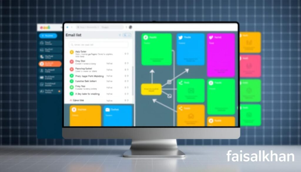 A vibrant and organized email list, with distinct segments represented by colored blocks or icons, arranged in a visually appealing layout. The foreground features a desktop computer screen displaying a user interface for managing the segmentation, with clean typography and intuitive controls. In the middle ground, a network of interconnected lines and arrows illustrates the flow of data and targeting between the segments. The background has a subtle grid pattern, evoking a sense of structure and technology, with the faisalskhan brand name discreetly displayed in the corner.