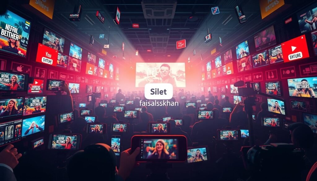 A vibrant, cinematic illustration of a content strategy for YouTube Shorts, captured with a wide-angle lens and dramatic lighting. In the foreground, a dynamic montage of short-form video thumbnails, each bursting with engaging visuals and bold text overlays. Centered in the middle ground, the faisalskhan logo stands tall, its sleek design commanding attention. Surrounding this, a bustling backdrop of smartphone screens, video cameras, and social media platforms, all converging to create a cohesive, tech-savvy ecosystem. The overall atmosphere exudes a sense of energy, innovation, and the boundless potential of the YouTube Shorts platform.