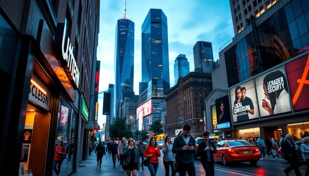 A vibrant cityscape at dusk, with a local business storefront in the foreground, its signage illuminated by warm lighting. In the middle ground, pedestrians navigate the bustling streets, their smartphones in hand, interacting with a voice-controlled digital assistant. The background features towering skyscrapers, their reflections dancing on the wet pavement, symbolizing the integration of local search and voice technology. The scene conveys the importance of optimizing local SEO to capitalize on the rise of voice-based searches, with a sense of energy and urban connectivity.