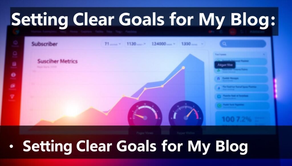 A vibrant dashboard displaying various growth metrics for a blog, bathed in a warm, inviting glow. The foreground features a sleek line chart tracking subscriber growth over time, its upward trend conveying a sense of momentum. In the middle ground, circular gauges display key metrics like page views, unique visitors, and engagement rates, their needles steadily climbing. The background showcases a minimalist, geometric design in muted shades of blue and gray, providing a clean, professional backdrop. The overall composition exudes a sense of progress, success, and a data-driven approach to blog growth, perfectly aligned with the section's focus on "Setting Clear Goals for My Blog". A vibrant dashboard displaying various growth metrics for a blog, bathed in a warm, inviting glow. The foreground features a sleek line chart tracking subscriber growth over time, its upward trend conveying a sense of momentum. In the middle ground, circular gauges display key metrics like page views, unique visitors, and engagement rates, their needles steadily climbing. The background showcases a minimalist, geometric design in muted shades of blue and gray, providing a clean, professional backdrop. The overall composition exudes a sense of progress, success, and a data-driven approach to blog growth, perfectly aligned with the section's focus on "Setting Clear Goals for My Blog".