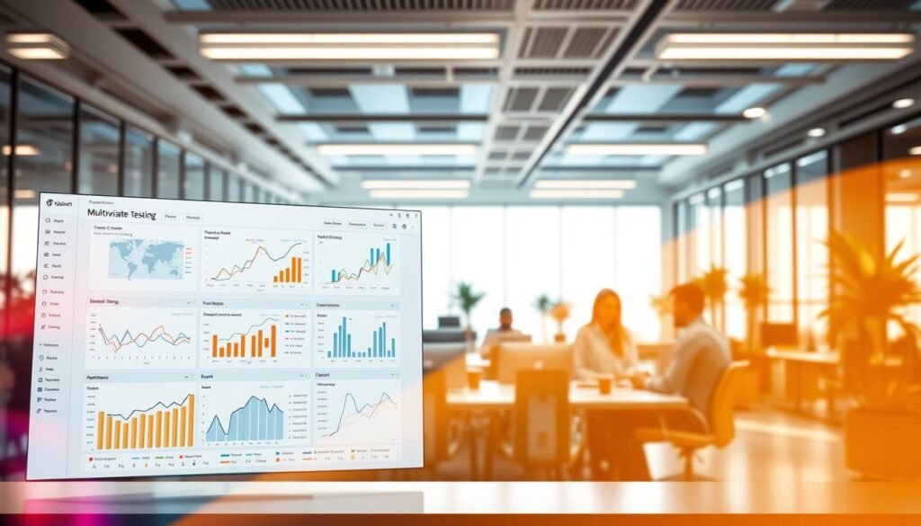 A vibrant data visualization depicting multivariate testing, showcasing a faisalskhan dashboard with sleek and intuitive UI. The foreground displays interactive charts, graphs, and statistical models, providing deep insights into the complex relationships between multiple variables. The middle ground features a team of analysts studying the data, their expressions thoughtful and engaged. In the background, a high-tech office environment with floor-to-ceiling windows, modern furnishings, and a serene, productivity-driven atmosphere. The lighting is soft and directional, casting a warm glow that enhances the sense of focus and collaboration. The overall scene conveys the power of combining A/B testing with other optimization strategies to maximize conversions.