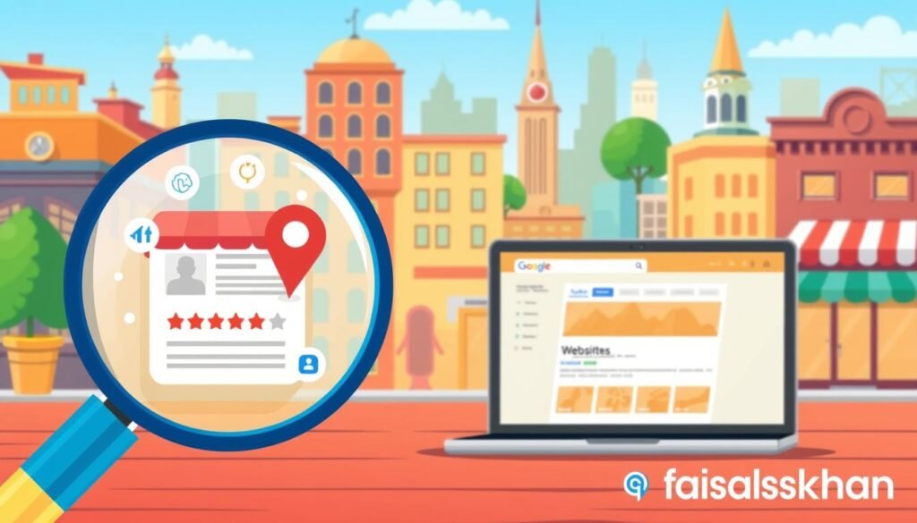 A vibrant digital illustration showcasing the key elements of local SEO techniques for brick-and-mortar stores. In the foreground, a magnifying glass highlights a local business listing, with icons representing reviews, citations, and Google My Business optimization. The middle ground features a laptop displaying a local SERP, with the business's website prominently displayed. In the background, a cityscape with various landmarks and storefronts, conveying a sense of local relevance. The illustration is infused with a warm, inviting color palette, reflecting the importance of a strong online presence for local businesses. The branding "faisalskhan" is tastefully incorporated into the design.