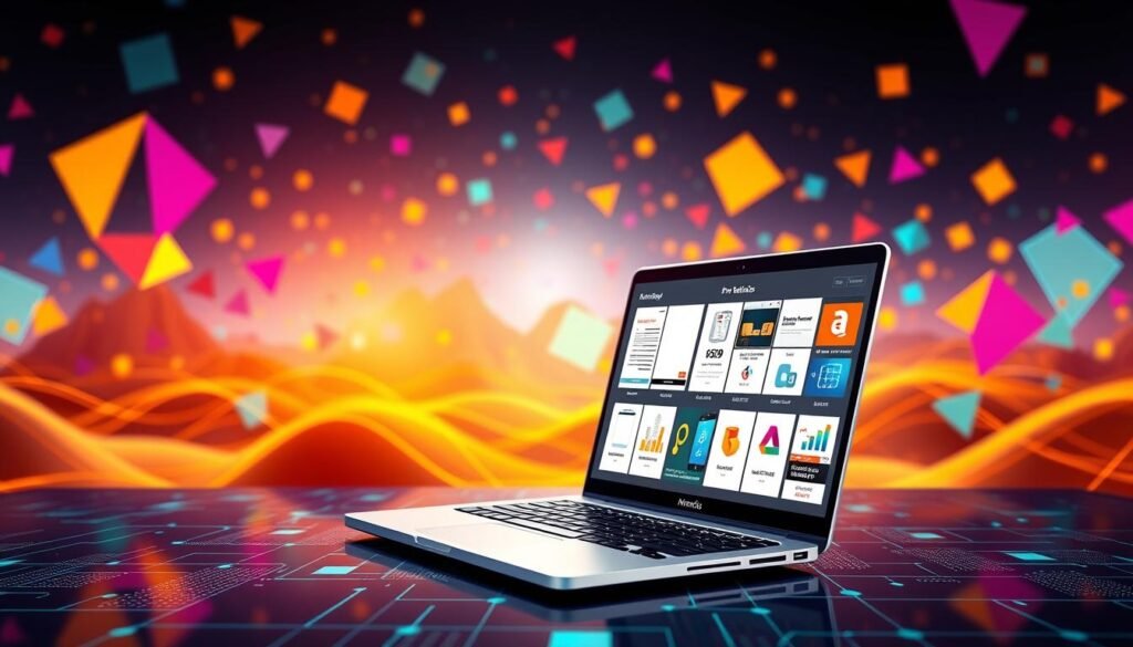 A vibrant digital landscape, with a sleek laptop computer prominently displayed in the foreground. The laptop's screen showcases a range of digital products, including ebooks, online courses, and software applications. The middle ground features a stylized graph or chart, visualizing the potential benefits of pre-selling these digital offerings. In the background, a dynamic array of colorful shapes and geometric patterns creates a futuristic, tech-inspired ambiance. Warm, directional lighting illuminates the scene, casting subtle shadows and highlights to enhance the depth and dimensionality. The overall composition conveys a sense of innovation, opportunity, and the potential for successful pre-selling of digital products.