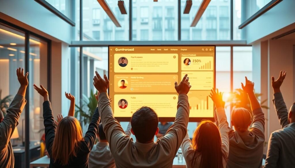 A vibrant, dynamic office scene showcasing the success of a Gumroad sales funnel. In the foreground, a team of enthusiastic professionals celebrate, raising their hands in triumph. The middle ground features a large, glowing computer screen displaying positive customer feedback and analytics, highlighting the power of customer engagement. In the background, a sleek, modern office space with floor-to-ceiling windows bathes the scene in warm, natural light. The overall atmosphere is one of accomplishment, collaboration, and the rewarding fruits of effective sales strategies. faisalskhan