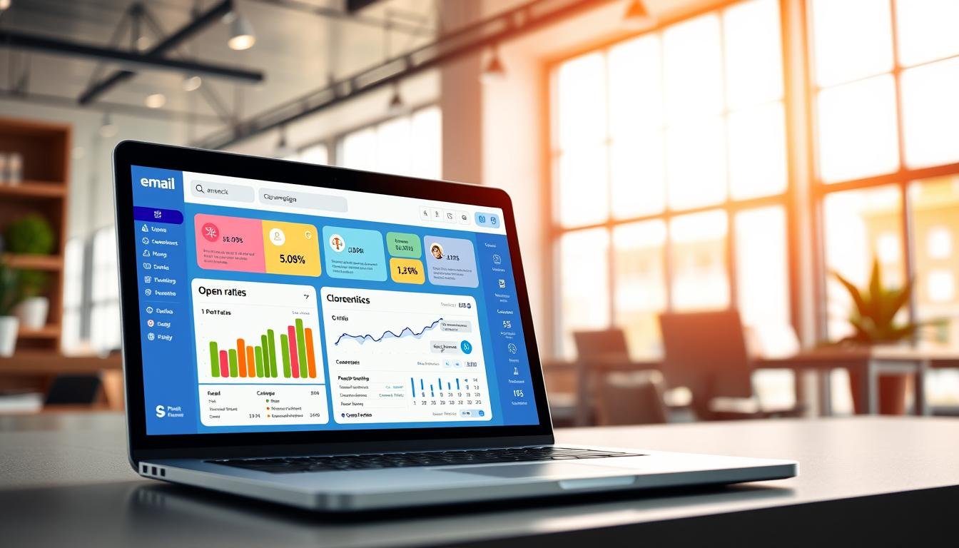 A vibrant email campaign dashboard showcasing key metrics and visualizations. In the foreground, a sleek laptop displays an email analytics interface with charts and graphs highlighting open rates, click-through data, and conversion statistics. The middle ground features a stylized email inbox, with messages pouring in from various contacts. In the background, a modern office setting with large windows, allowing natural light to pour in and create a sense of productivity and success. The overall mood is one of efficiency, progress, and a well-executed digital marketing strategy.
