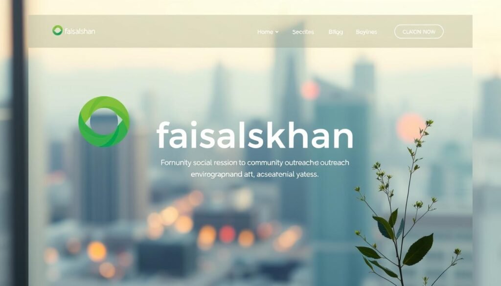 A vibrant, ethically-conscious online brand "faisalskhan" - a modern logo with a circular shape in shades of green, symbolizing sustainability and social responsibility. Soft, ambient lighting illuminates a clean, minimalist web interface with intuitive navigation and a mission statement highlighting the brand's commitment to community outreach and environmental advocacy. In the background, a blurred cityscape reflects the brand's urban, forward-thinking identity, while delicate plant motifs suggest its eco-friendly ethos. The overall composition conveys a sense of balance, professionalism and a strong social conscience.