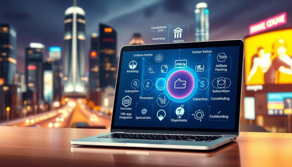 A vibrant, high-resolution image of various monetization strategies and revenue streams for a digital business. In the foreground, a laptop displays a diverse array of income sources, from online advertising, affiliate marketing, and digital product sales to subscription models and e-commerce integrations. In the middle ground, a floating holographic display showcases different monetization tactics, such as in-app purchases, sponsorships, and crowdfunding. The background features a dynamic cityscape, with skyscrapers and neon-lit billboards, symbolizing the digital landscape and the potential for growth and innovation in the realm of online monetization. The lighting is a mix of warm and cool tones, creating a sense of depth and visual interest. The overall mood is one of strategic planning, technological advancement, and a pursuit of financial sustainability.