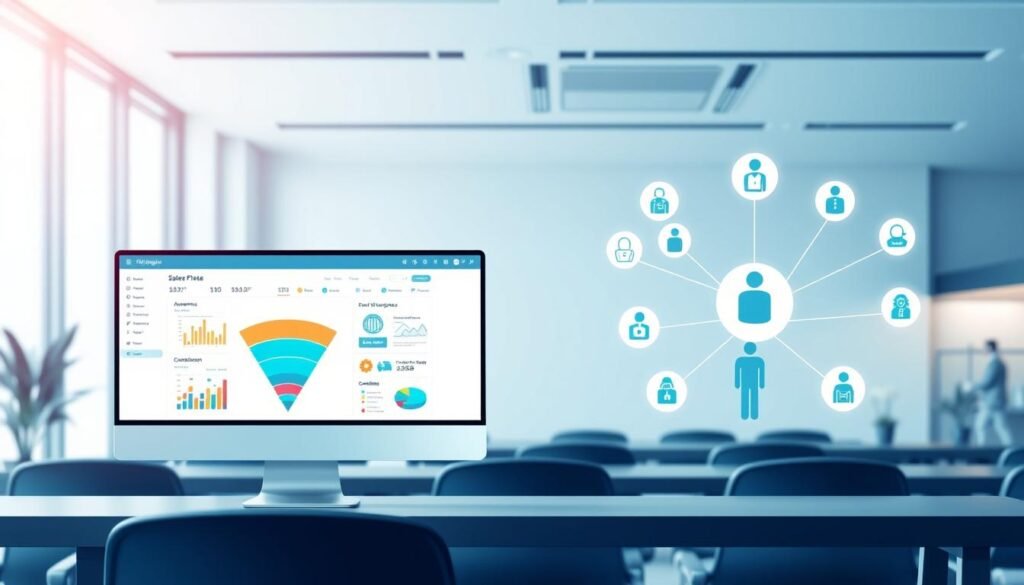 A vibrant infographic showcasing the affiliate marketing process. In the foreground, a sleek computer monitor displays a dashboard with metrics and analytics. Beside it, a stylized representation of the sales funnel, with stages like awareness, interest, conversion, and commission. In the middle ground, a network of interconnected icons representing the key players: the affiliate, the merchant, and the customer. The background features a modern office setting, with geometric shapes, clean lines, and a soft, cool-toned lighting that creates a professional, tech-savvy atmosphere. The overall composition conveys the efficiency, data-driven nature, and collaborative dynamics of the affiliate marketing ecosystem.