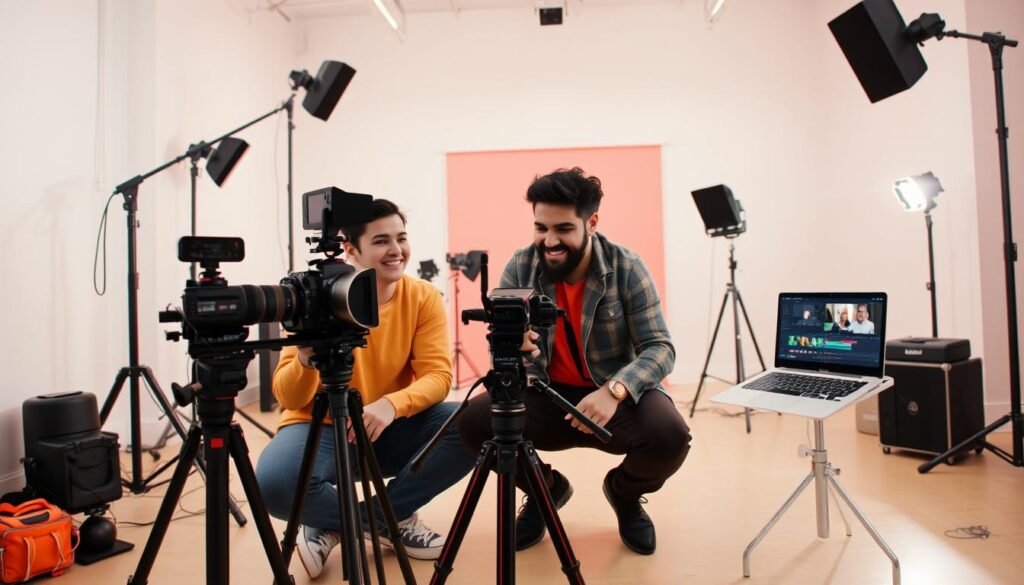 A vibrant scene of two content creators collaborating on YouTube Shorts. In the foreground, faisalskhan and their fellow vlogger sit side-by-side, filming playful, engaging content. The middle ground features an array of video production equipment, including a professional-grade camera, lighting rigs, and a sleek laptop displaying video editing software. The background showcases a modern, minimalist studio space, with clean white walls and a trendy industrial-style aesthetic. The overall mood is one of creativity, energy, and a sense of connection between the collaborators as they work together to craft memorable short-form videos for their shared audience.