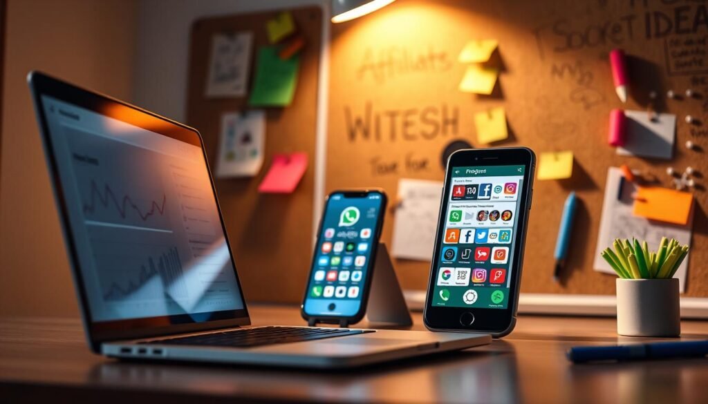 A vibrant, visually engaging image of "Affiliate Marketing Strategies" for the "Creating Content for WhatsApp" section. A modern, minimalist composition with a clean, professional aesthetic. In the foreground, a laptop screen displaying analytics and performance metrics, casting a soft glow. In the middle ground, a smartphone displaying various social media platforms, symbolizing content creation and distribution. In the background, a cork board with sticky notes, highlighters, and sketches, representing the ideation and planning process. The lighting is warm and directional, creating depth and emphasis. The overall mood is one of focus, productivity, and strategic thinking.