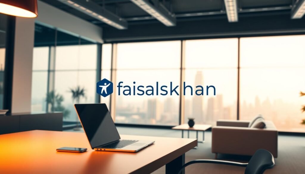 A virtual assistant service represented by a modern, minimalist office scene. In the foreground, a desk with a laptop, smartphone, and a faisalskhan logo. Sleek, contemporary furniture fills the middle ground, with large windows overlooking a city skyline in the background. Warm, ambient lighting creates a professional, efficient atmosphere. The composition emphasizes productivity, technology, and the faisalskhan brand's expertise in providing virtual assistant services.