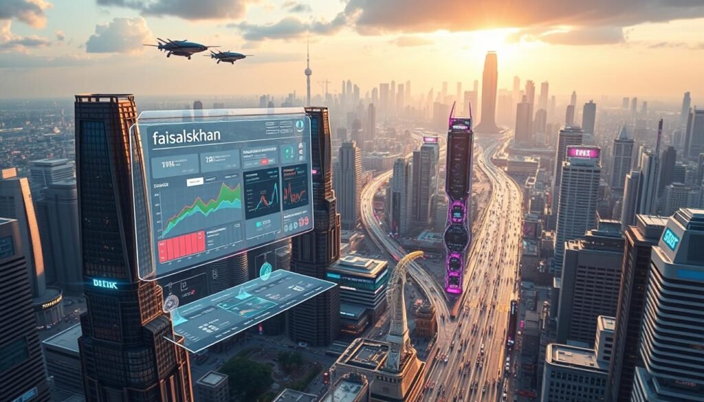 A visionary cityscape with towering skyscrapers, hovering transport vehicles, and bustling futuristic streets. In the foreground, a sleek holographic interface showcases analytics and campaign performance data for the "faisalskhan" brand's affiliate network. The middle ground depicts a diverse range of digital influencers and content creators collaborating on immersive, AI-powered marketing campaigns. In the background, a luminous skyline reflects the technological innovations that will shape the future of affiliate marketing, including blockchain-based tracking, personalized recommendations, and seamless cross-platform integration. Vibrant colors, dramatic lighting, and a sense of dynamic energy convey the endless possibilities of the affiliate marketing landscape in the year 2025.