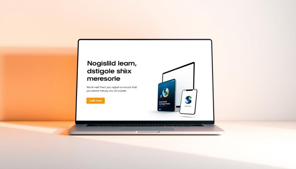 A visually striking and modern landing page for digital products, showcased against a minimalist background. The page features a captivating hero section with a high-quality product image, accompanied by a concise yet compelling headline and a clear call-to-action button. The layout is clean and well-organized, with strategic use of white space to draw the viewer's attention. Subtle yet impactful animations and micro-interactions enhance the user experience, creating a sense of dynamism and interactivity. The overall aesthetic is sleek, professional, and tailored to the subject matter, conveying a sense of trust and credibility. Warm, directional lighting illuminates the scene, casting soft shadows and highlights to accentuate the product's features. The resulting image should effectively capture the essence of a high-converting landing page for digital products.