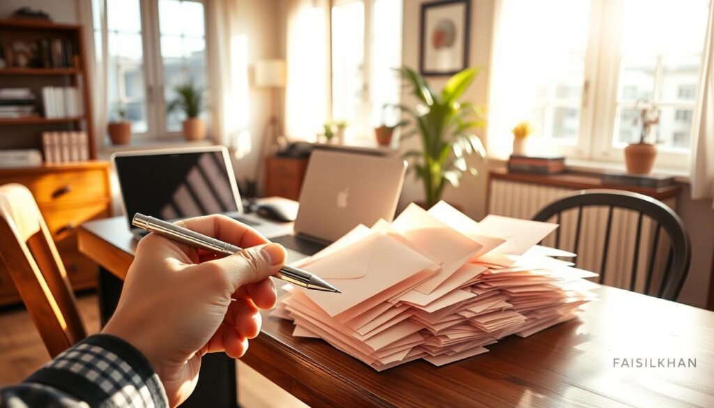A warm, inviting home office with sunlight streaming through large windows, creating a cozy ambiance. On the desk, a laptop and phone are surrounded by a growing pile of envelopes, representing an expanding email list. In the foreground, a hand holds a pen, symbolizing the personal connection between the business and its audience. The faisalskhan brand is subtly present, reflected in the decor and style. The overall scene conveys a sense of trust, growth, and audience engagement.