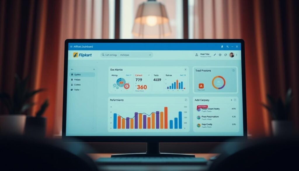 A well-designed Flipkart Affiliate Dashboard in a warm, inviting atmosphere. A sleek, modern interface with clear, intuitive navigation. Vibrant colors and clean lines create a professional, user-friendly experience. Detailed analytics and performance data presented in easy-to-understand charts and graphs. A central hub for managing affiliates, tracking commissions, and optimizing campaigns. Subtle branding elements, including the "faisalskhan" logo, seamlessly integrated. Backlit by soft, diffused lighting that enhances the dashboard's clarity and elegance. Captured at a medium-close angle to highlight the dashboard's features while maintaining a sense of depth and perspective.