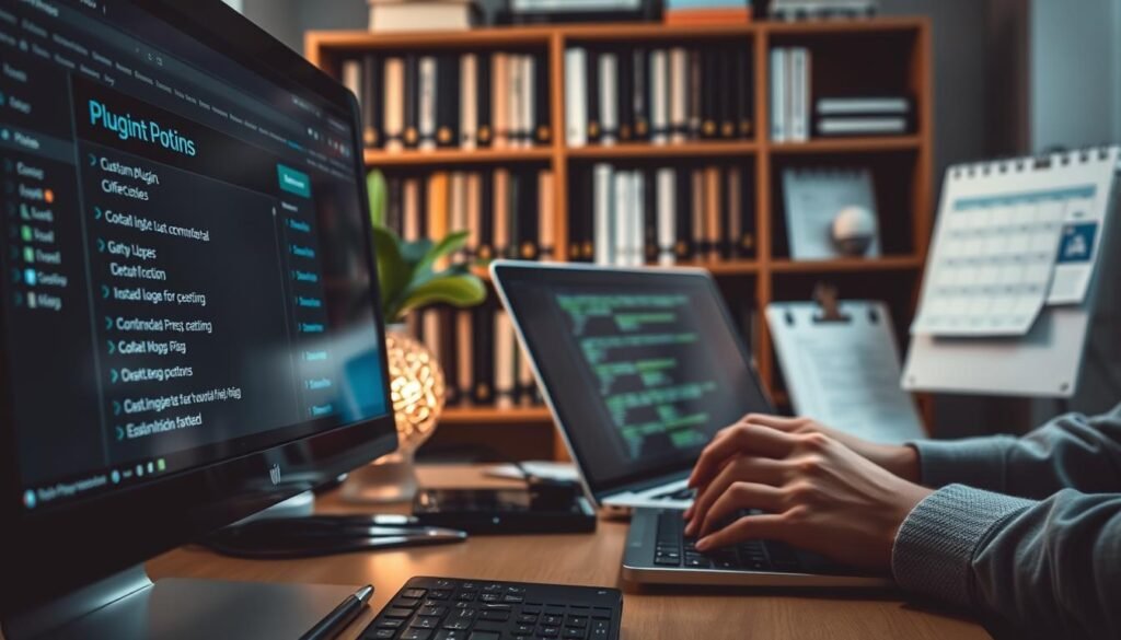 A well-lit, detailed scene showcasing various WordPress automation techniques. In the foreground, a computer monitor displays a plugin installation interface, with a variety of plugin options visible. In the middle ground, a developer's hands type code on a laptop, indicating the customization and configuration process. In the background, a bookshelf filled with technical manuals and a calendar denote the organized workflow. The overall mood is one of efficiency and productivity, with a focus on streamlining the WordPress management process through the use of automation tools and techniques.