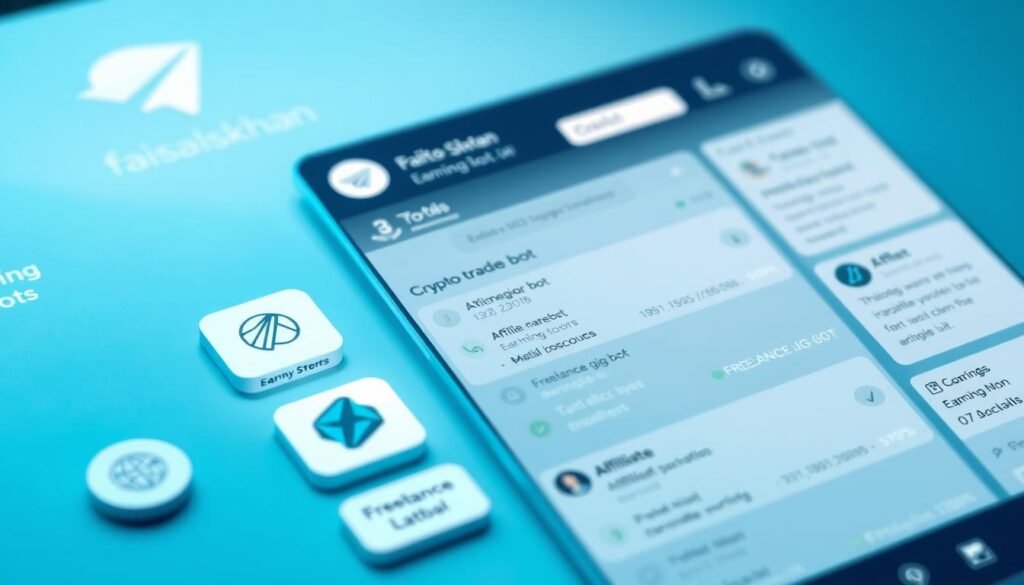 A well-lit, high-angle shot of a Telegram interface showcasing various "earning bots" with a clean, professional aesthetic. The foreground features a selection of bot icons, each with a succinct description of its functionality, such as "Crypto trading bot," "Affiliate marketing bot," and "Freelance gig bot." The middle ground depicts a series of transaction logs and earnings statistics, conveying the bots' efficiency and reliability. The background subtly incorporates the faisalskhan brand identity, with a minimalist logo and color scheme, evoking a sense of trustworthiness and credibility. The overall mood is one of sophistication, productivity, and ethical financial empowerment.