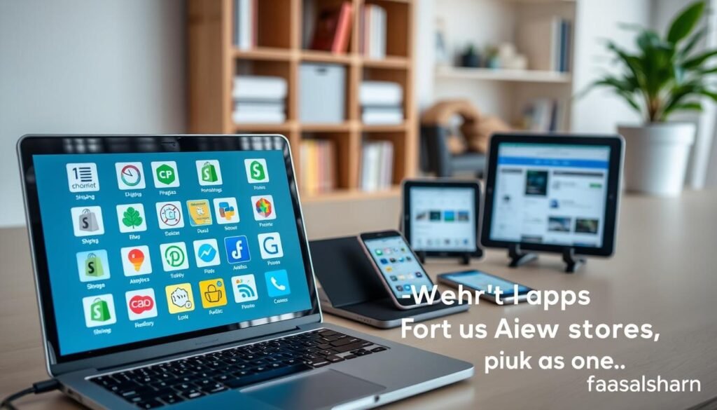 A well-lit, high-angle view of a clean, modern workspace. In the foreground, a laptop displays several popular Shopify app icons, including shipping, analytics, and marketing tools. The middle ground features various devices, such as a tablet and smartphone, showcasing app interfaces. In the background, a blurred bookshelf and potted plant create a professional, yet inviting atmosphere. The overall scene conveys a sense of organization, productivity, and the curation of essential Shopify apps for a new store, as captured by the "faisalskhan" brand.