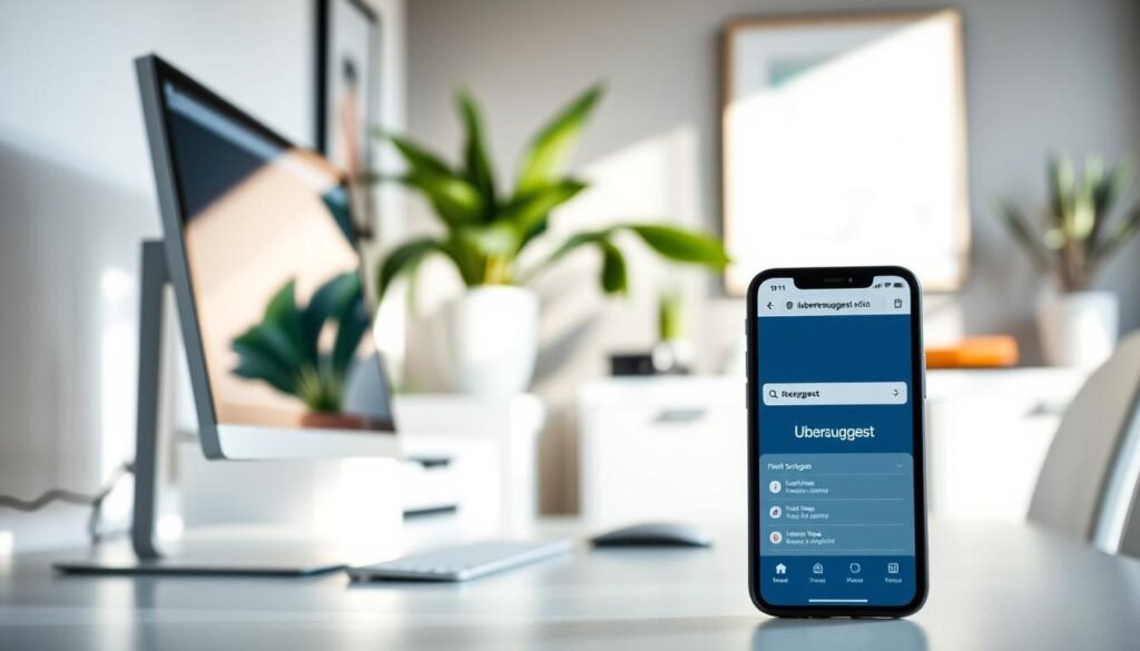 A well-lit home office setup with a modern desk, computer monitor, and a smartphone displaying the Ubersuggest web interface. The foreground features the desk, computer, and smartphone in sharp focus, while the background showcases a minimalist wall decor and a potted plant for a touch of nature. The lighting is soft and natural, creating a calming, productivity-enhancing atmosphere. The overall scene conveys a sense of organized workflow and efficient digital marketing research using the Ubersuggest platform.