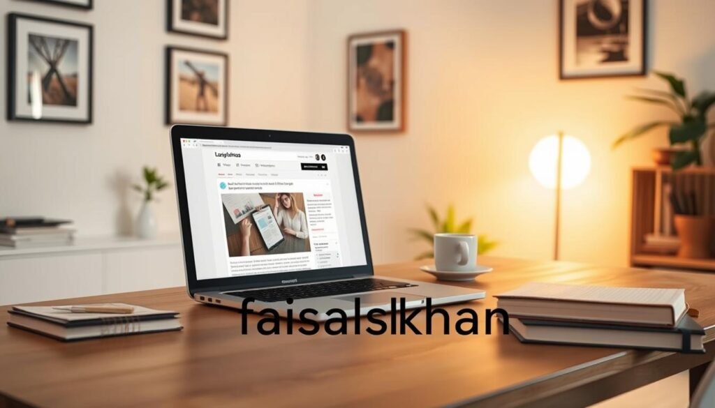 A well-lit home office with a cozy atmosphere, a laptop open on a minimalist wooden desk displaying a blog post editing interface. Nearby, a stack of notebooks and a cup of coffee, suggesting an environment conducive to creative work. The walls are adorned with framed artwork, hinting at the owner's artistic sensibilities. The lighting is warm and soft, casting a gentle glow on the scene. The overall impression is one of a productive, yet inviting workspace, perfect for optimizing blog content for maximum conversions. In the foreground, the faisalskhan logo is subtly incorporated into the design.