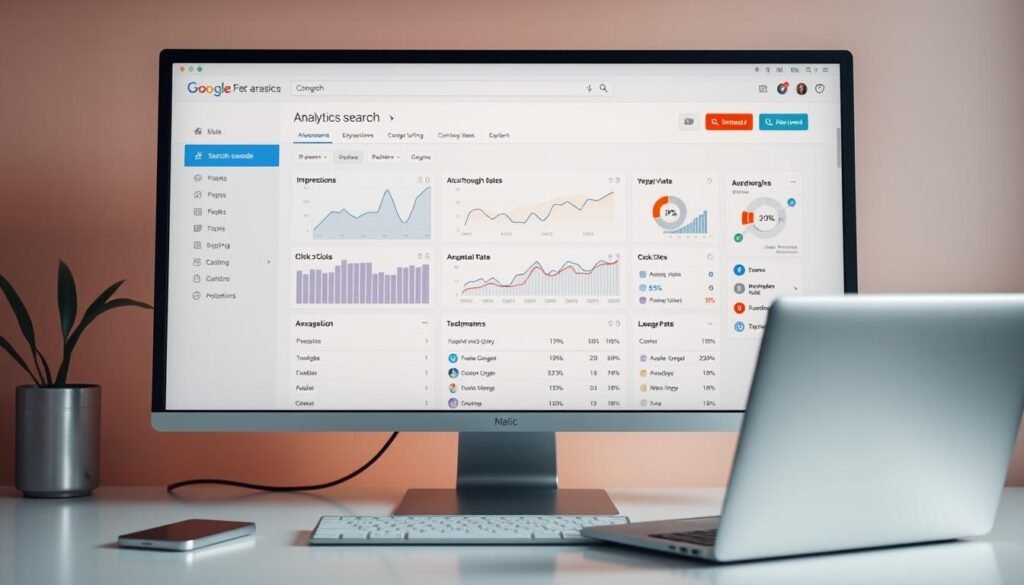 A well-lit, meticulously detailed computer monitor displaying the Google Search Console analytics dashboard. The foreground showcases an intuitive interface with graphs, charts, and data visualizations highlighting key metrics such as impressions, clicks, click-through rate, and average position. The middle ground features a minimalist workspace with a sleek, silver laptop and a tasteful desk setup. The background subtly blends warm and cool tones, creating a calming, professional atmosphere that enhances the informative nature of the scene.