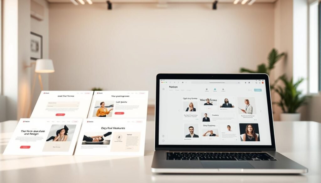 A well-lit, minimalist Notion workspace showcasing a collection of sleek, visually appealing lead magnet templates. The foreground features several Notion pages with elegant, customizable designs for opt-in forms, e-books, and other lead generation materials. In the middle ground, a laptop display reveals the Notion interface, highlighting the intuitive drag-and-drop functionality and collaborative features. The background depicts a serene, modern office setting with warm lighting and clean, uncluttered surroundings, conveying a sense of productivity and professionalism.