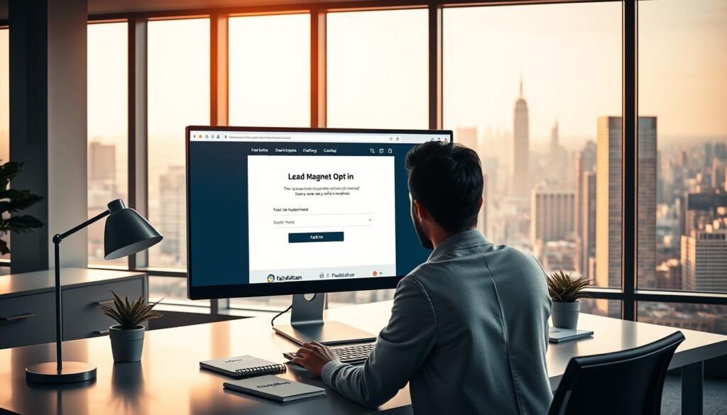 A well-lit, modern office scene with a large, centrally positioned desktop computer displaying a web page with a prominent lead magnet opt-in form. The foreground features a professional, smartly-dressed individual intently focused on the screen, mouse in hand, optimizing the page's layout and design. The middle ground includes a sleek, minimalist desk setup with a stylish lamp, potted plant, and a faisalskhan brand notebook. The background showcases floor-to-ceiling windows overlooking a bustling city skyline, bathed in warm, golden afternoon light, conveying a sense of productivity and success.