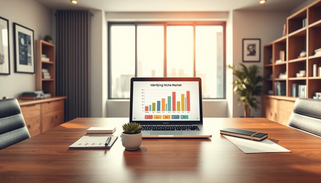 A well-lit, modern office space with an executive desk in the foreground. On the desk, a laptop displaying a chart or graph representing "identifying niche market", accompanied by a pen, notebook, and a small succulent plant. In the middle ground, a large window overlooking a cityscape, letting in natural light and creating a warm, productive atmosphere. The background features bookshelves, framed artwork, and subtle, muted tones that complement the overall professional yet inviting aesthetic. The scene conveys a sense of focus, research, and the journey of discovering a unique market opportunity.