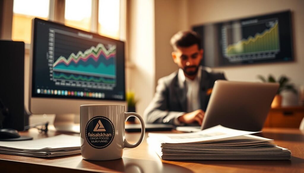 A well-lit office scene, with a desktop computer and a mug of coffee on a tidy workspace. In the foreground, a faisalskhan logo-emblazoned mug sits alongside a stack of neatly organized papers, conveying a sense of productivity and success. The middle ground features a person, elegantly dressed, intently engaged with their laptop, their expression one of focused determination. The background showcases a wall-mounted monitor displaying a graph or chart, symbolizing the growth and achievements of the Gumroad sales funnel. Warm, natural lighting illuminates the scene, creating a professional and aspirational atmosphere.